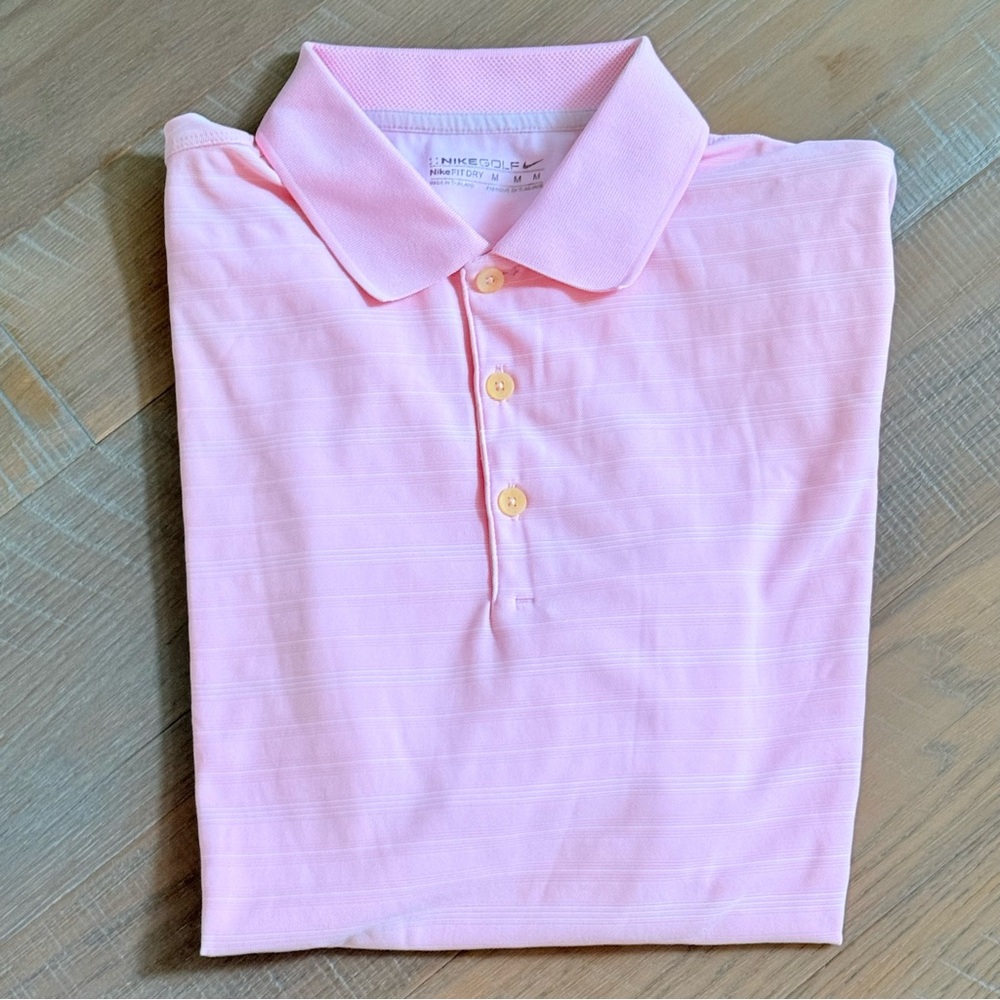 Y2K Men's M NIKE GOLF FIT DRY ss Pink White Polo Shirt Striped 256650-624 H53